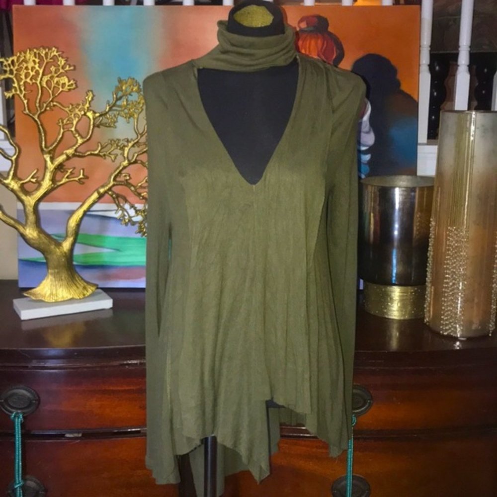 FREE PEOPLE UPTOWN CHOKER NECK TUNIC TOP GREEN SZS